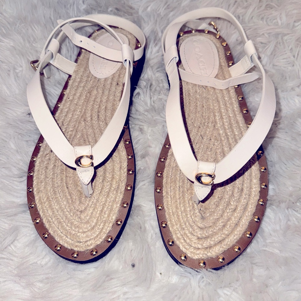 Coach Gracey Light Beige Leather Strap Ankle Wrapped Woven Insole Sandals